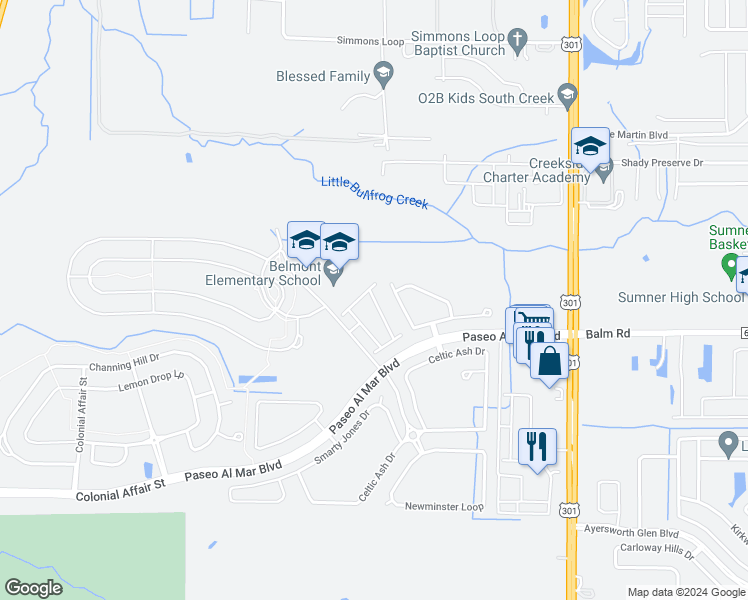 map of restaurants, bars, coffee shops, grocery stores, and more near 14220 Riva Ridge Place in Sun City Center
