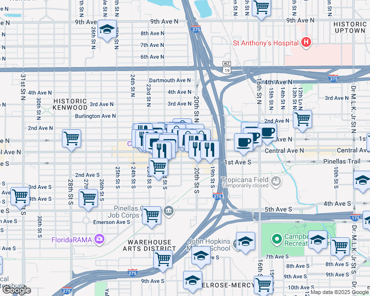 map of restaurants, bars, coffee shops, grocery stores, and more near 2113 Central Avenue in St. Petersburg
