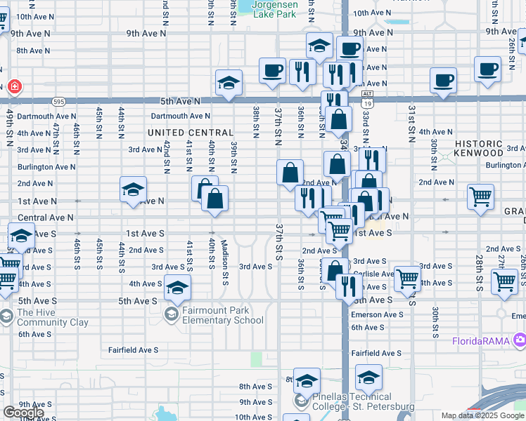 map of restaurants, bars, coffee shops, grocery stores, and more near 3773 Central Avenue in St. Petersburg
