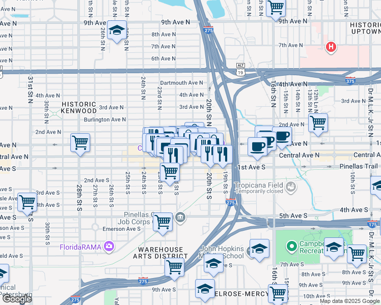 map of restaurants, bars, coffee shops, grocery stores, and more near 2113 Central Avenue in St. Petersburg