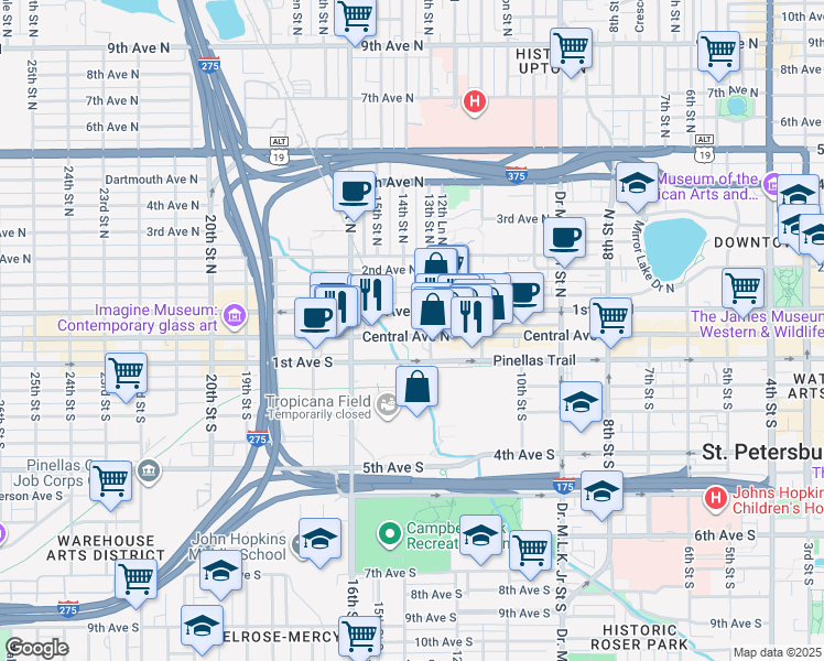 map of restaurants, bars, coffee shops, grocery stores, and more near 1320 Central Avenue in St. Petersburg