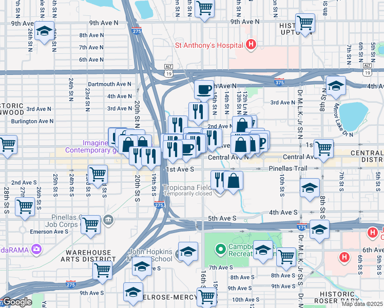 map of restaurants, bars, coffee shops, grocery stores, and more near 1661 Central Avenue in St. Petersburg