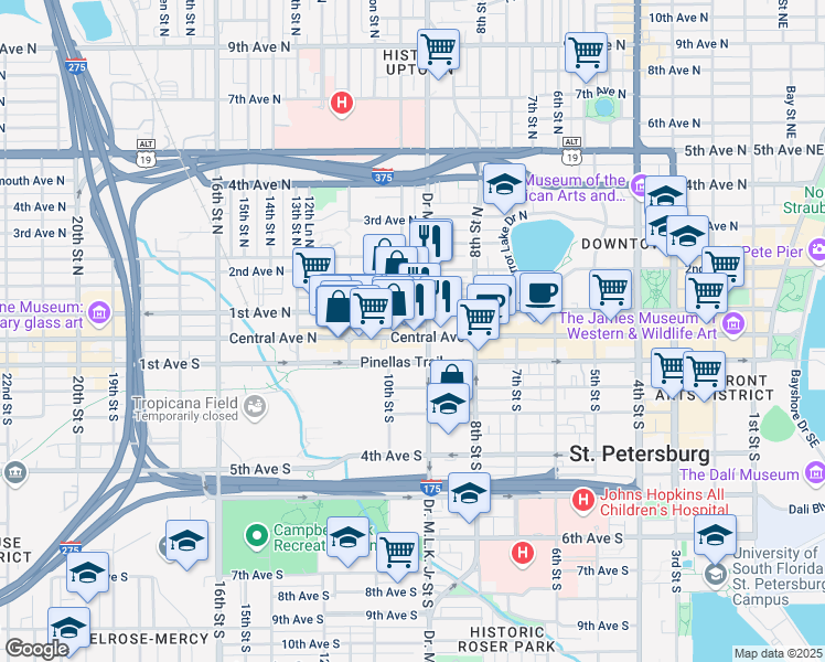 map of restaurants, bars, coffee shops, grocery stores, and more near 900 Central Avenue North in St. Petersburg