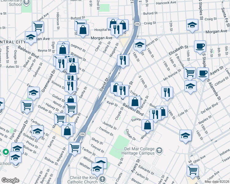 map of restaurants, bars, coffee shops, grocery stores, and more near 1920 Baldwin Boulevard in Corpus Christi