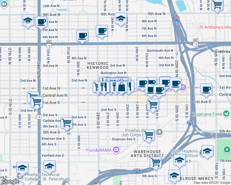 map of restaurants, bars, coffee shops, grocery stores, and more near in St. Petersburg