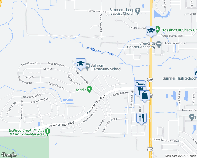 map of restaurants, bars, coffee shops, grocery stores, and more near 14218 Riva Ridge Place in Sun City Center