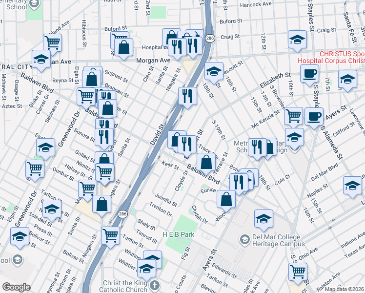 map of restaurants, bars, coffee shops, grocery stores, and more near 2626 Riggan Street in Corpus Christi