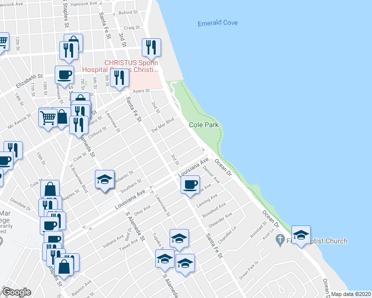 map of restaurants, bars, coffee shops, grocery stores, and more near 126 Southern Street in Corpus Christi