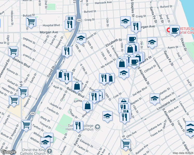 map of restaurants, bars, coffee shops, grocery stores, and more near 1641 17th Street in Corpus Christi