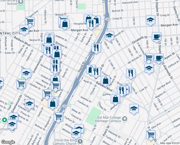 map of restaurants, bars, coffee shops, grocery stores, and more near 1920 Baldwin Boulevard in Corpus Christi