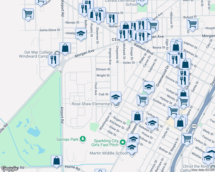 map of restaurants, bars, coffee shops, grocery stores, and more near 3601 Lockheed Street in Corpus Christi