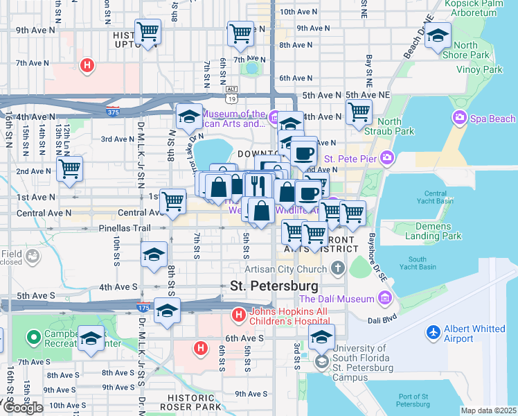 map of restaurants, bars, coffee shops, grocery stores, and more near 445 Central Avenue in St. Petersburg