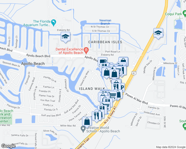map of restaurants, bars, coffee shops, grocery stores, and more near 307 Lakeway Lane in Apollo Beach