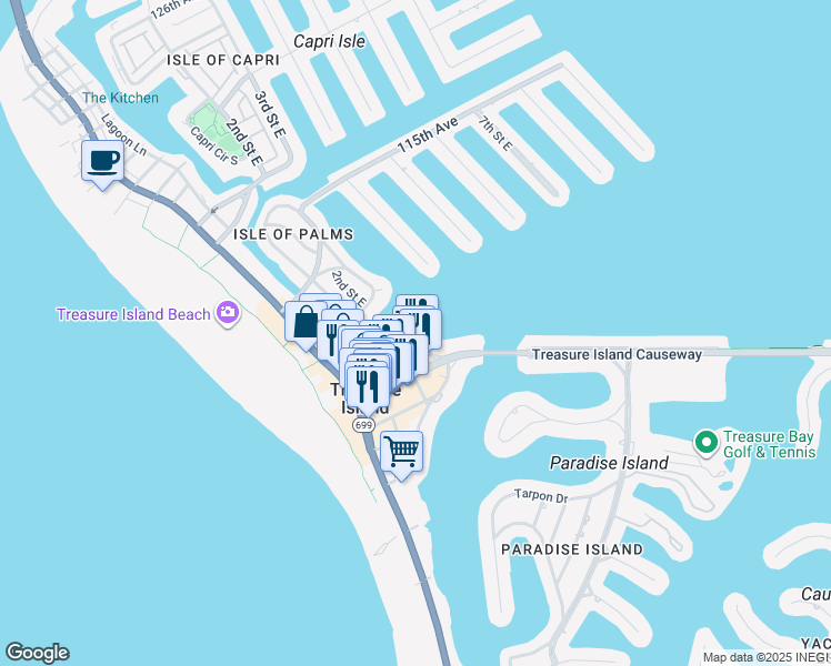 map of restaurants, bars, coffee shops, grocery stores, and more near 220 108th Avenue in Treasure Island