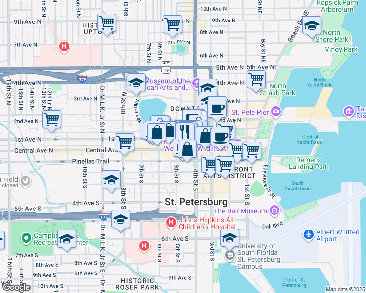 map of restaurants, bars, coffee shops, grocery stores, and more near 445 Central Avenue in St. Petersburg