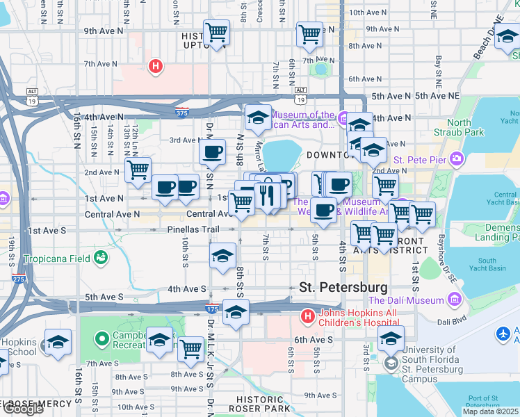 map of restaurants, bars, coffee shops, grocery stores, and more near 720 Central Avenue in St. Petersburg