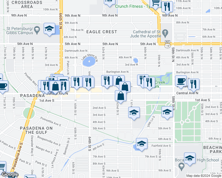 map of restaurants, bars, coffee shops, grocery stores, and more near 6255 Central Avenue in St. Petersburg
