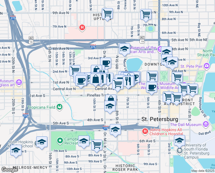 map of restaurants, bars, coffee shops, grocery stores, and more near 855 Central Avenue in St. Petersburg