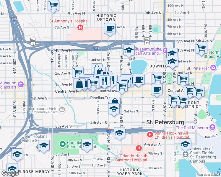 map of restaurants, bars, coffee shops, grocery stores, and more near 900 Central Avenue North in St. Petersburg