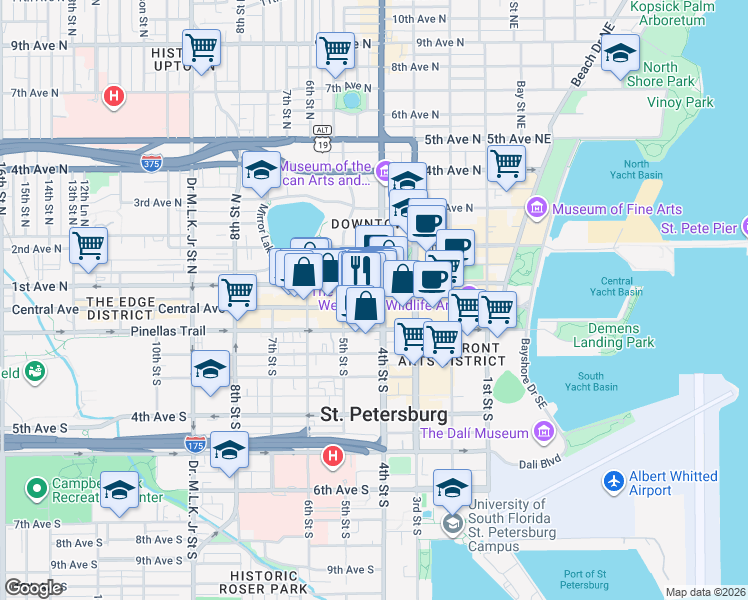 map of restaurants, bars, coffee shops, grocery stores, and more near 405 Central Avenue in St. Petersburg