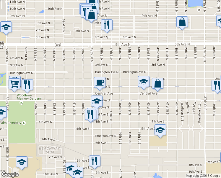 map of restaurants, bars, coffee shops, grocery stores, and more near 4699 Central Avenue North in St. Petersburg