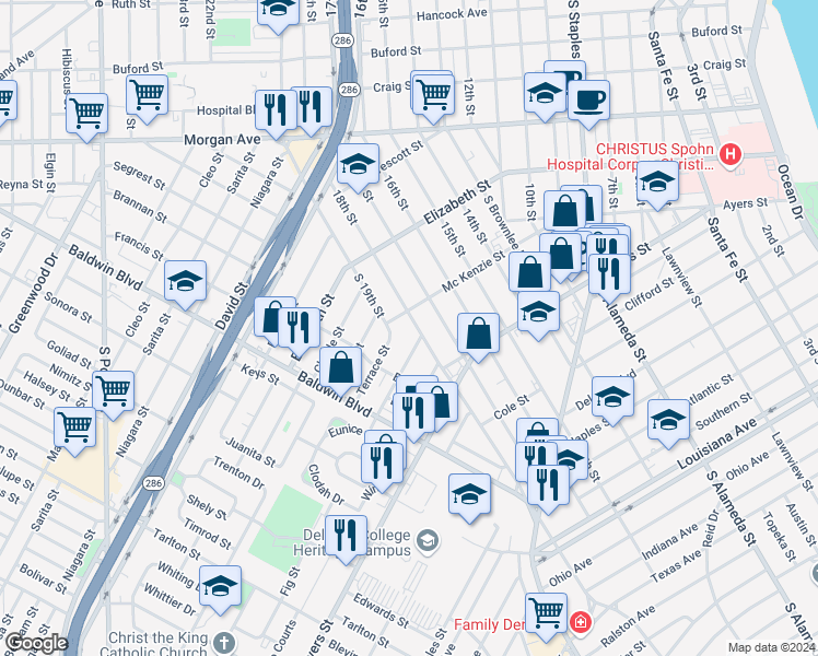 map of restaurants, bars, coffee shops, grocery stores, and more near 1613 18th Street in Corpus Christi