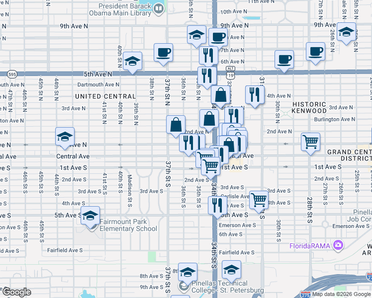 map of restaurants, bars, coffee shops, grocery stores, and more near 3545 Central Avenue in St. Petersburg