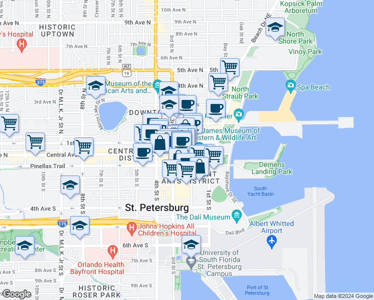 map of restaurants, bars, coffee shops, grocery stores, and more near 215 Central Avenue in St. Petersburg