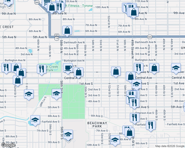 map of restaurants, bars, coffee shops, grocery stores, and more near 5400 1st Avenue North in St. Petersburg