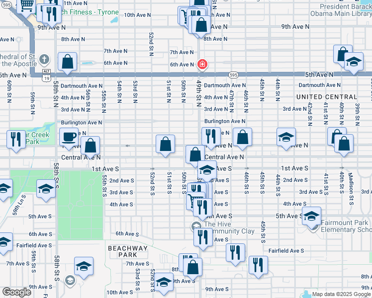 map of restaurants, bars, coffee shops, grocery stores, and more near 4965 Central Avenue in St. Petersburg