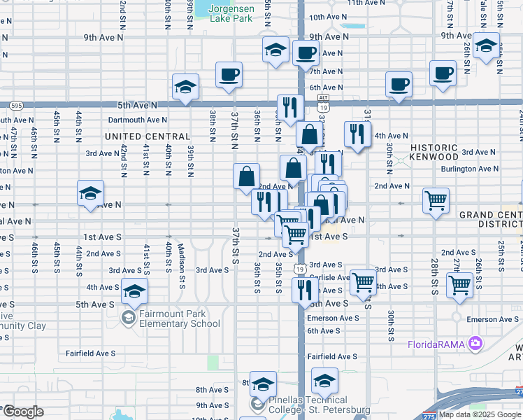 map of restaurants, bars, coffee shops, grocery stores, and more near 3540 Central Avenue in St. Petersburg