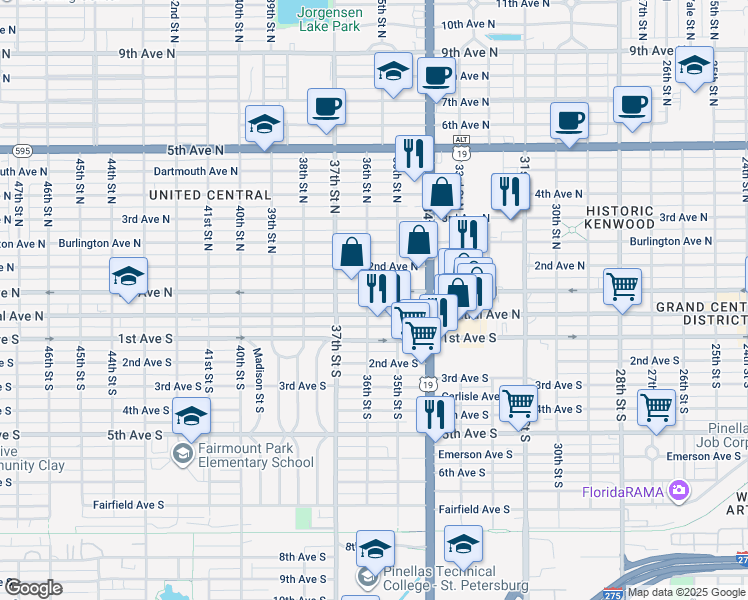 map of restaurants, bars, coffee shops, grocery stores, and more near 3554 1st Avenue North in St. Petersburg