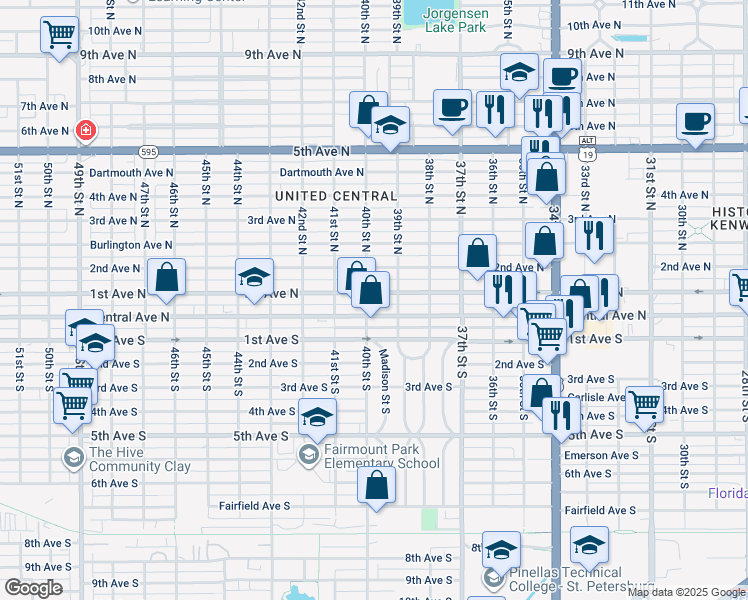 map of restaurants, bars, coffee shops, grocery stores, and more near 3962 Central Avenue North in St. Petersburg