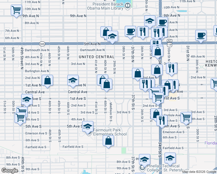 map of restaurants, bars, coffee shops, grocery stores, and more near 3962 Central Avenue North in St. Petersburg