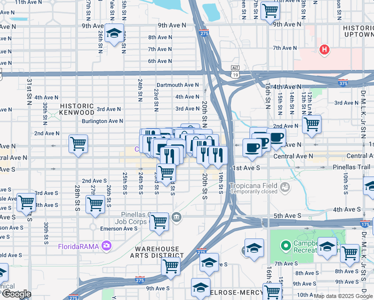 map of restaurants, bars, coffee shops, grocery stores, and more near 2113 Central Avenue in St. Petersburg