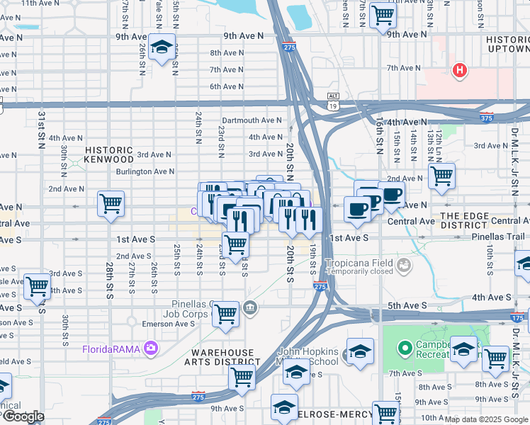 map of restaurants, bars, coffee shops, grocery stores, and more near 2113 Central Avenue in St. Petersburg
