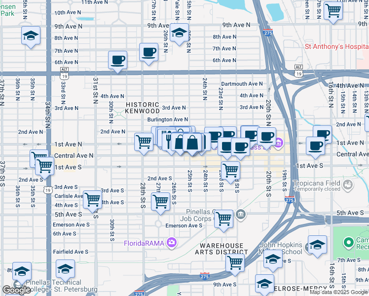 map of restaurants, bars, coffee shops, grocery stores, and more near 2530 Central Avenue in St. Petersburg
