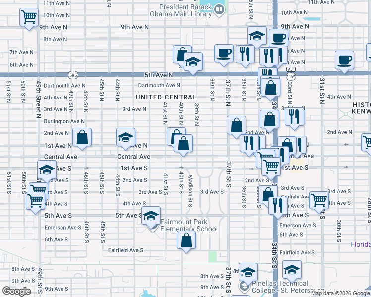 map of restaurants, bars, coffee shops, grocery stores, and more near 3962 Central Avenue North in St. Petersburg