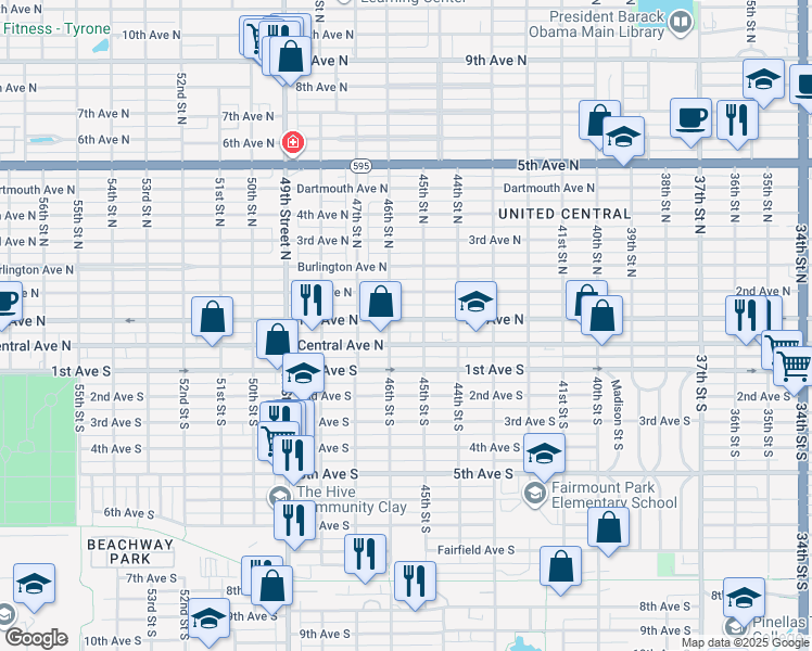 map of restaurants, bars, coffee shops, grocery stores, and more near 4536 1st Avenue North in St. Petersburg