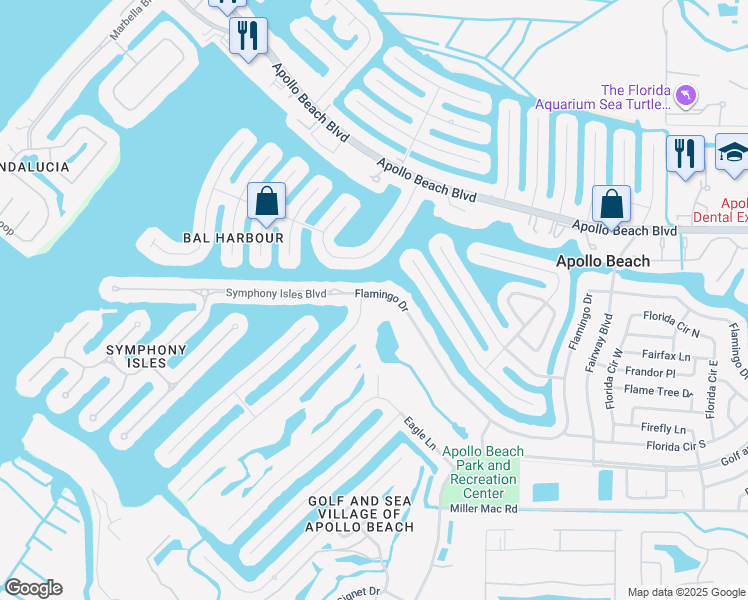 map of restaurants, bars, coffee shops, grocery stores, and more near 760 Flamingo Drive in Apollo Beach