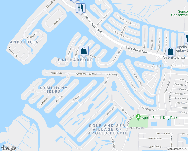 map of restaurants, bars, coffee shops, grocery stores, and more near 826 Symphony Isles Boulevard in Apollo Beach