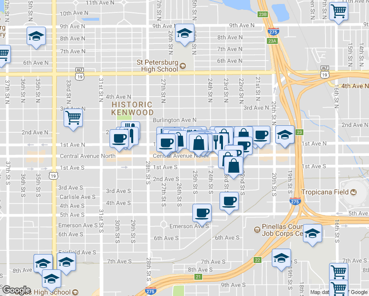 map of restaurants, bars, coffee shops, grocery stores, and more near 2550 1st Avenue North in Saint Petersburg