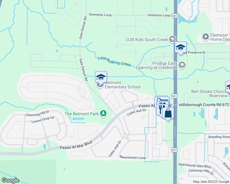 map of restaurants, bars, coffee shops, grocery stores, and more near 10128 Point Given Court in Ruskin