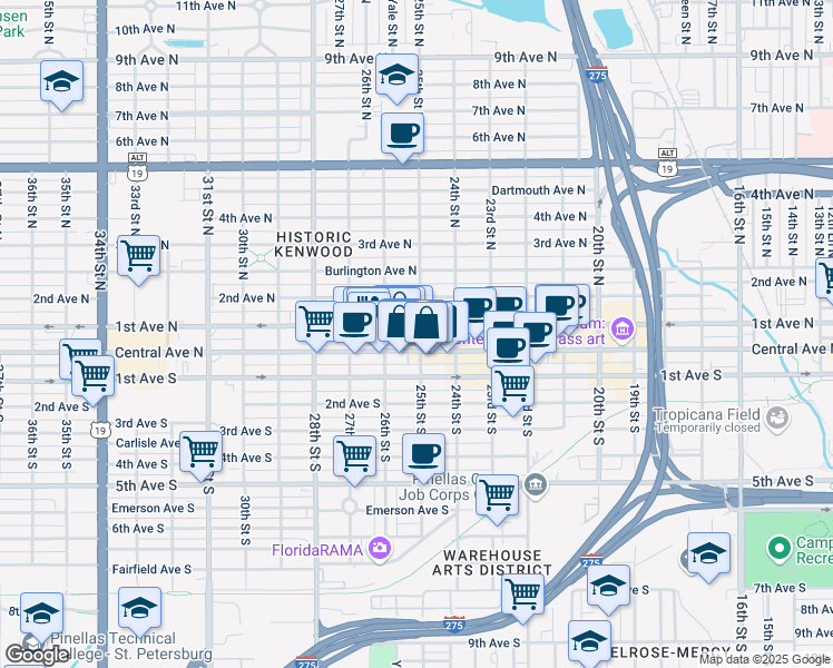 map of restaurants, bars, coffee shops, grocery stores, and more near 2530 Central Avenue in St. Petersburg