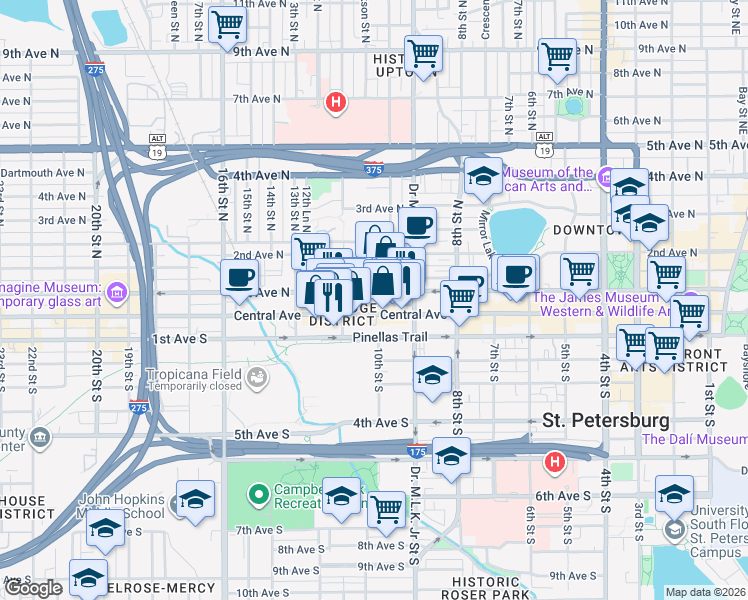 map of restaurants, bars, coffee shops, grocery stores, and more near 1000 Central Avenue in St. Petersburg