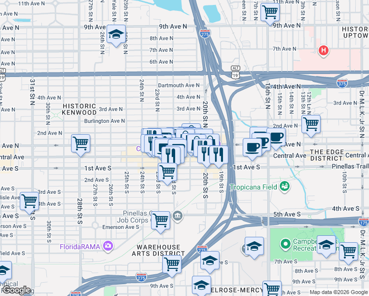 map of restaurants, bars, coffee shops, grocery stores, and more near 2113 Central Avenue in St. Petersburg