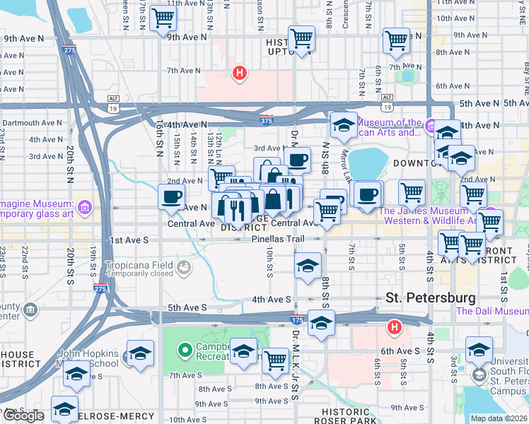 map of restaurants, bars, coffee shops, grocery stores, and more near 1000 Central Avenue in St. Petersburg