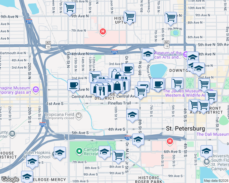 map of restaurants, bars, coffee shops, grocery stores, and more near 1000 Central Avenue in St. Petersburg