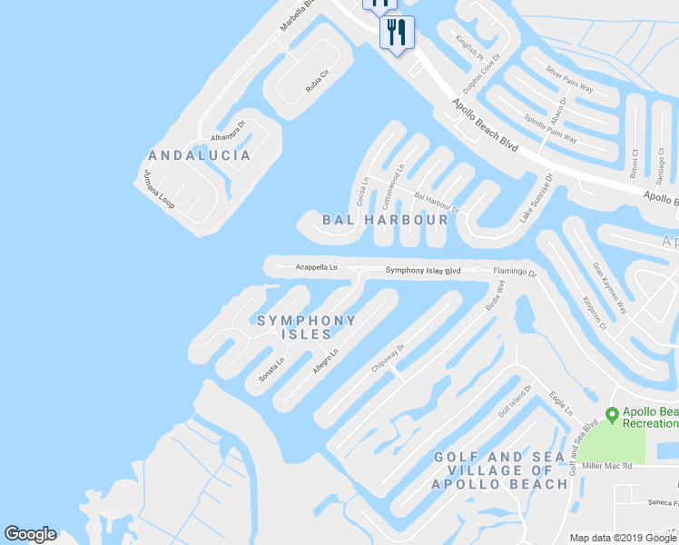 map of restaurants, bars, coffee shops, grocery stores, and more near 1212 Acappella Lane in Apollo Beach