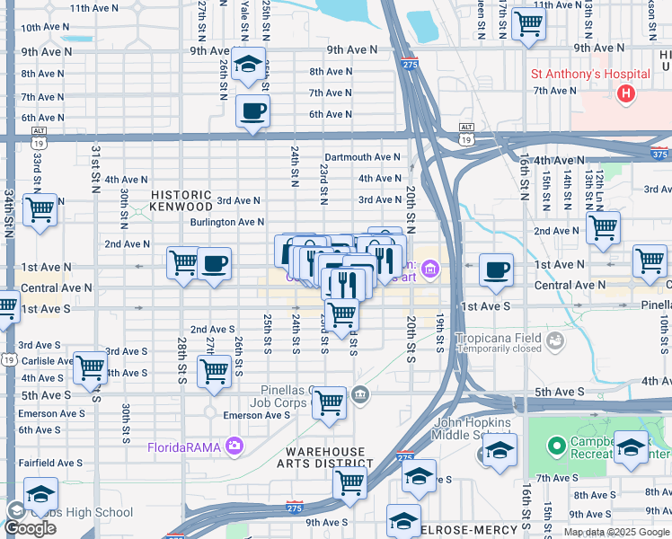 map of restaurants, bars, coffee shops, grocery stores, and more near 2214 2nd Avenue North in St. Petersburg